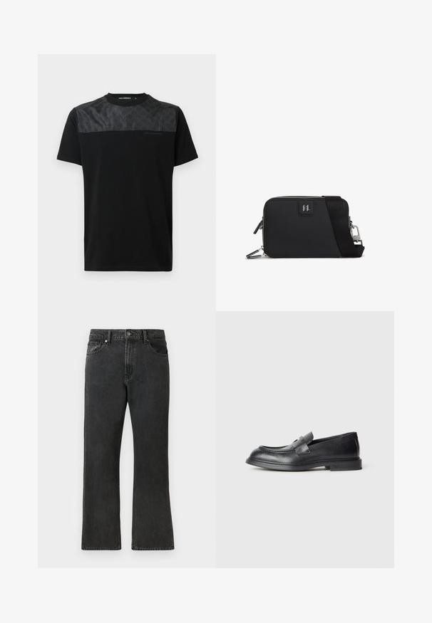 Sort T-shirt med korte ærmer, der har et struktureret gråt panel på øverste front, detaljeret logo og rund hals.; Sorte denim jeans med lige ben, med en mellem taljehøjde, fem lommer og knaplukning. Diskret falmet tekstur over det hele.; Sorte læder loafers med en struktureret finish, der har en dekorativ frontrem og en rundet tå. Gummisål for holdbarhed.; Sort rektangulær taske lavet af tekstureret materiale, med lynlås lukning, justerbar rem og en logo-patch på fronten.
