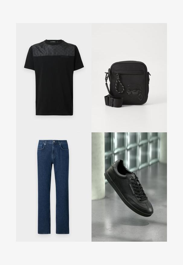 Camiseta negra de manga corta con un panel gris texturizado en la parte superior frontal, logo detallado y cuello redondo.; Jeans de denim azul oscuro con corte recto, que cuentan con un cierre frontal de botón, presillas para cinturón y un diseño de bolsillo estándar.; Zapatilla deportiva de cuero negro con acabado texturizado, cordones planos, puntera redondeada y suela de goma. Presenta un detalle de logo en el lateral.; Bolso bandolera negro hecho de material texturizado, con un bolsillo frontal y un diseño grabado de una cara con gafas de sol. Incluye correa ajustable.
