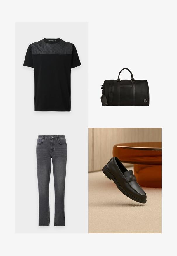 T-shirt noir à manches courtes avec un panneau gris texturé sur le haut devant, un logo détaillé et un col rond.; Jean en denim gris avec une coupe droite, style cinq poches et des détails de surpiqûre subtils. Le tissu a une texture lisse.; Chaussure noire en cuir à enfiler avec des accents cousus, un col relevé et une semelle en caoutchouc plate, positionnée au-dessus d'une surface beige douce.; Sac de voyage en cuir noir texturé avec des poignées doubles et une sangle amovible. Présente une étiquette logo et un marquage en relief sur le devant.