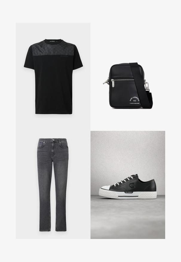 Sort T-shirt med korte ærmer, der har et struktureret gråt panel på øverste front, detaljeret logo og rund hals.; Grå denimbukser med lige ben, fem lomme-design og subtile syninger. Stoffet har en glat tekstur.; Sort lædersneaker med hvide detaljer, tekstureret gummisål og logo. Har traditionel snøring og en rund tå med et karakteristisk design.; Sort læder crossbody taske med sølvhardware, en lynlåslomme, en tekstureret overflade og fremtrædende hvid branding på forsiden.