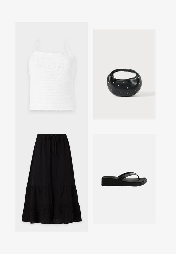 Weißes Häkel-Crop-Top mit verstellbaren Trägern, das ein strukturiertes Muster und einen gewellten Saum aufweist. Leichter und atmungsaktiver Stoff.; Schwarzer, knöchellanger Rock mit lockerem Schnitt, elastischem Bund mit Kordelzug und stufigem Rüschen-Design, auf schlichtem Hintergrund dargestellt.; Schwarze Keilabsatz-Zehensandale mit strukturierter Innensohle und dünnen Riemen mit dezentem Markenlogo auf schlichtem weißem Hintergrund.; Schwarze Lederhandtasche mit abgerundeter Form, verziert mit silbernen Nietenakzenten und kurzem Griff. Glatte Struktur und Reißverschlussverschluss.