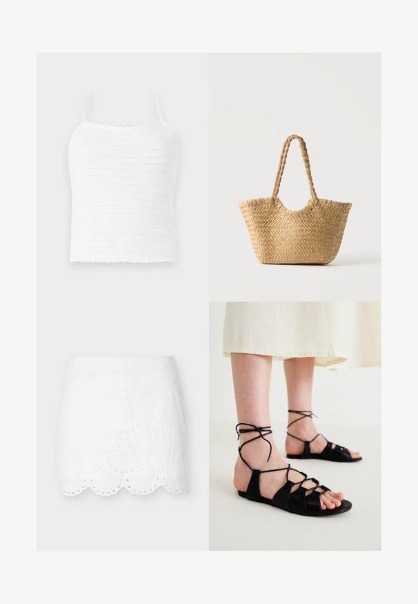 Hvid hæklede crop top med justerbare stropper, med et struktureret mønster og bølget kant. Let og åndbart stof.; Hvid mininederdel med hulmønsterbroderi, bølget kant og blomsterudskæringsmønstre, vist på en ensfarvet lys grå baggrund.; Sorte læder flade sandaler med krydset design og ankelbind, der har en glat tekstur og åben tå-stil.; Vævet stråtaske med bred bund, flettede håndtag og naturlig beige farve på ensfarvet hvid baggrund.