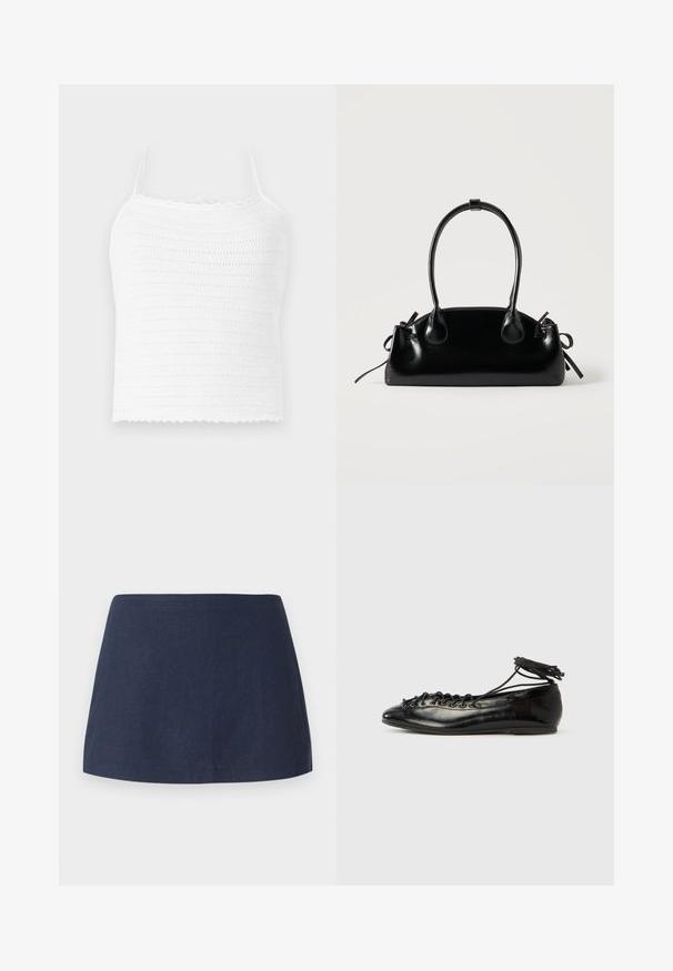 Hvid hæklede crop top med justerbare stropper, med et struktureret mønster og bølget kant. Let og åndbart stof.; Mørkeblå, kort A-line nederdel lavet af et tekstureret, letvægtsstof med en glat talje og uden mønstre eller dekorationer.; Sorte balletflade sko i laklæder med rundet tå, snørelukning og flad sål. Glat tekstur med få detaljer.; Lille sort blank håndtaske med to lange håndtag og snøre-detaljer i siden på en ensfarvet lys baggrund.