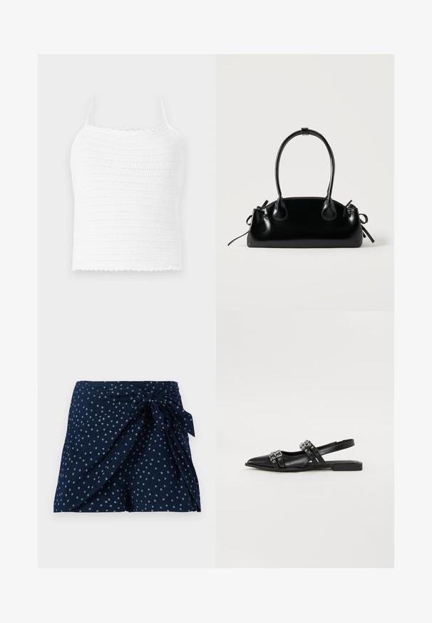 Weißes Häkel-Crop-Top mit verstellbaren Trägern, das ein strukturiertes Muster und einen gewellten Saum aufweist. Leichter und atmungsaktiver Stoff.; Dunkelblaue Shorts mit einem Wickeldesign und vorderem Bindedetail. Besitzt ein verstreutes kreisförmiges weißes Muster. Hergestellt aus leichtem Stoff.; Even&Odd by Zalando Sling-Ballerina - black; Kleine schwarze glänzende Handtasche mit zwei langen Griffen und seitlichen Kordelzug-Details vor einfachem hellem Hintergrund.