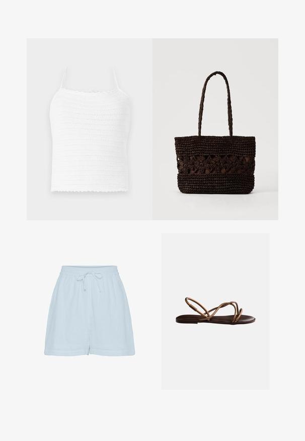 Hvid hæklede crop top med justerbare stropper, med et struktureret mønster og bølget kant. Let og åndbart stof.; Lyseblå bomulds shorts med en afslappet pasform, elastisk talje og justerbar snor. Har blødt, tekstureret stof og sidesømme.; Flad mørkebrun sandal med tynde metalliske bronzefarvede remme, der krydser over foden, og en slingback-rem til støtte.; Mørkebrun flettet taske med blomsterprint og to lange fletdet håndtag på en ensfarvet lys baggrund.