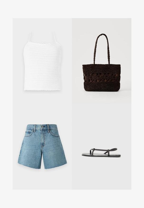 Hvid hæklede crop top med justerbare stropper, med et struktureret mønster og bølget kant. Let og åndbart stof.; Denim shorts i lys blå, med høj talje, fem lommer og rå kant. Fremstillet af tekstureret bomuldsstof med et klassisk design.; Sorte flade sandaler med tynde, teksturerede stropper og et minimalistisk design. Sålen er glat, og den overordnede form er slank og underspillet.; Mørkebrun flettet taske med blomsterprint og to lange fletdet håndtag på en ensfarvet lys baggrund.