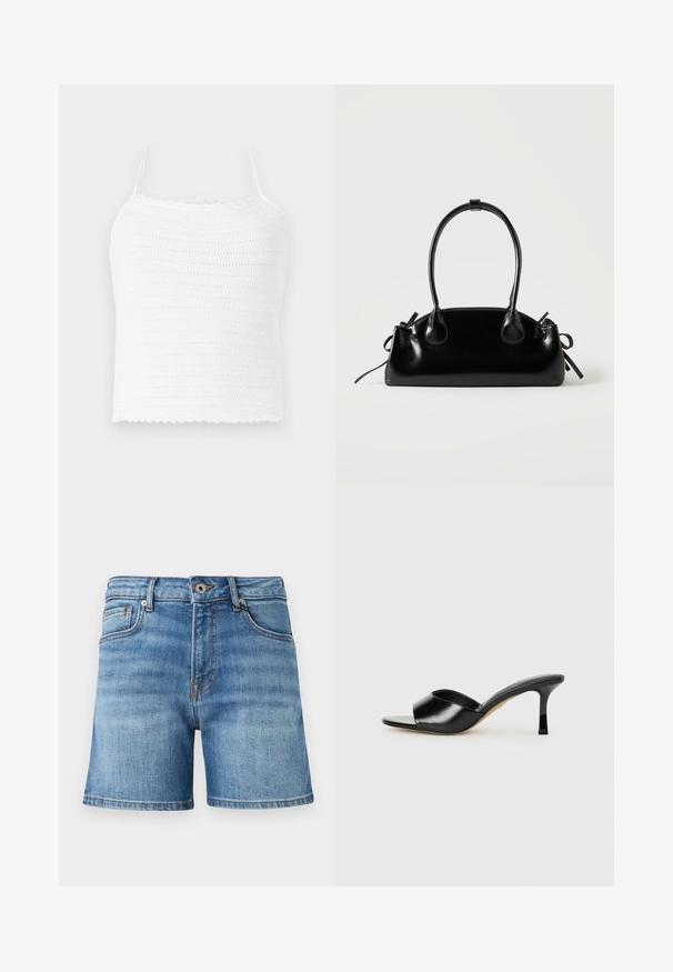 Hvid hæklede crop top med justerbare stropper, med et struktureret mønster og bølget kant. Let og åndbart stof.; Lysblå denimshorts med klassisk femlomme-design, let slidte detaljer, lige pasform og syet kant.; Sorte læder højhælede mules med open-toe design og en bred, buet overdel. Glat tekstur og slank silhuet.; Lille sort blank håndtaske med to lange håndtag og snøre-detaljer i siden på en ensfarvet lys baggrund.