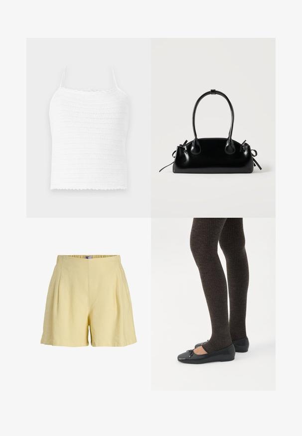 Top court en crochet blanc avec bretelles ajustables, doté d'un motif texturé et d'un ourlet festonné. Tissu léger et respirant.; Shorts taille haute jaune clair avec plis devant et ceinture élastique, confectionnés dans un tissu doux et léger.; Jambes portant des leggings côtelés foncés associés à des ballerines noires avec de petits détails en nœud sur fond blanc.; Petit sac à main noir brillant avec deux longues anses et des détails à cordon sur les côtés sur un fond clair uni.
