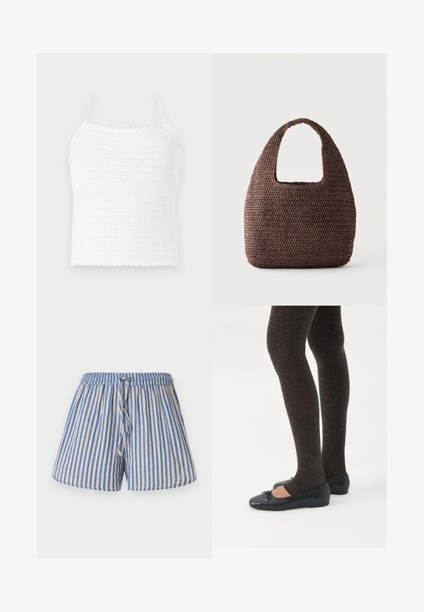 Biely háčkovaný crop top s nastaviteľnými ramienkami, s textúrovaným vzorom a oblým lemom. Ľahký a priedušný materiál.; Prúhované šortky v béžovej a modrej farbe, so elastickým pásom a nastaviteľnou šnúrkou, vyrobené z ľahkej tkaniny.; Nohy v tmavých pásikavých legínach v kombinácii s čiernymi balerínkami s malými mašličkami na bielom pozadí.; Hnedá háčkovaná taška s širokým uchom a zaobleným obdĺžnikovým tvarom na jednoduchom svetlom pozadí.
