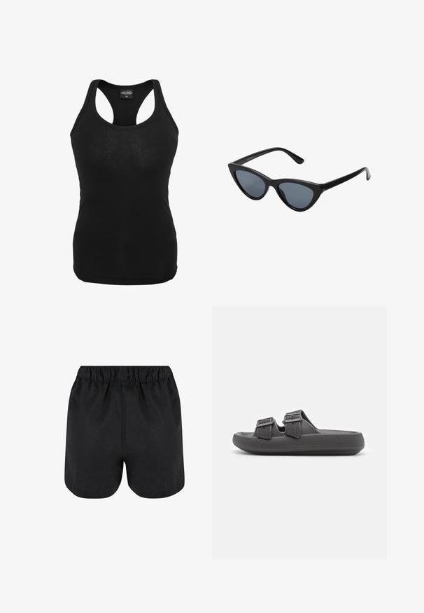 Débardeur noir en tissu doux, avec un design dos nageur et une coupe ajustée. Texture lisse sans motifs ni éléments métalliques visibles.; Shorts noirs avec une taille élastique. Tissu doux, design simple et ourlet légèrement arrondi en bas. Pas de motifs ou de logos visibles.; Sandales en caoutchouc noir avec une surface texturée, des sangles réglables à double ajustement et une semelle plate. Design léger adapté pour une utilisation décontractée.; Lunettes de soleil noires en forme d'œil de chat avec des verres gris foncé, monture en plastique élégante, coins pointus et branches droites. Pas de métal visible ni d'accents.