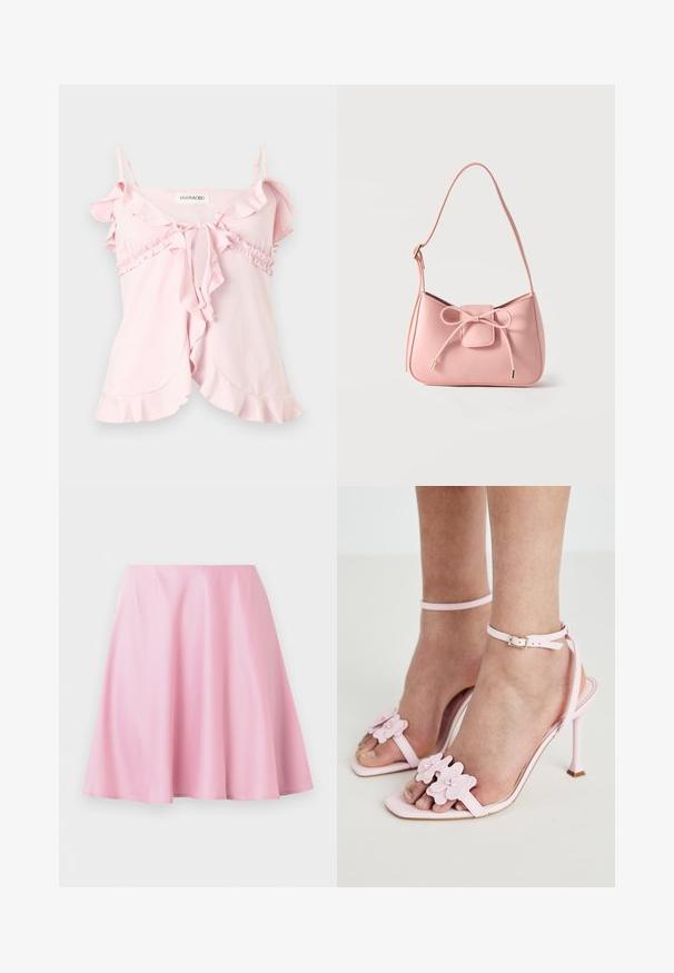 Top sin mangas color rosa claro con bordes fruncidos, tirantes finos ajustables, cierre frontal con lazo y detalles fruncidos bajo el busto.; Falda línea A de largo hasta la rodilla en color rosa, con tela suave y ligeras arrugas, exhibida sobre un fondo blanco liso.; Sandalias de tacón alto rosas con apliques florales, tiras delgadas en el tobillo y diseño destalonado. Textura suave y forma de puntera puntiaguda.; Bolso pequeño de hombro color rosa pastel con correa ajustable y detalle de lazo en el frente con extremos dorados sobre un fondo liso.