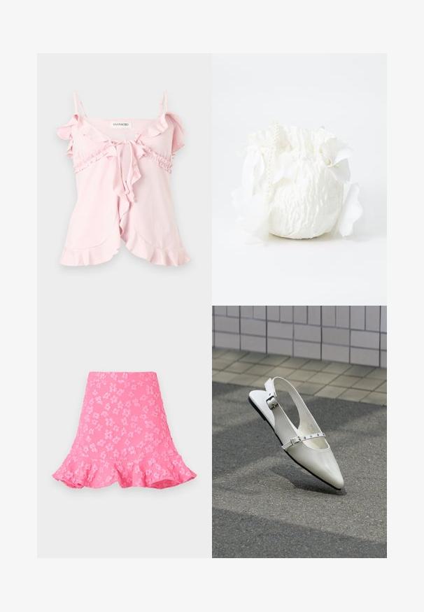 Top sin mangas color rosa claro con bordes fruncidos, tirantes finos ajustables, cierre frontal con lazo y detalles fruncidos bajo el busto.; Falda rosa de corte acampanado que presenta patrones florales en relieve, un dobladillo con volantes y una textura suave. Longitud por encima de la rodilla con una cinturilla ajustada.; Zapato plano blanco con punta puntiaguda y diseño slingback con dos hebillas plateadas, mostrado al aire libre sobre un suelo texturizado y fondo de pared con azulejos.; Bolsa de tela blanca con un acabado texturizado, que cuenta con un cierre de cuerda en la parte superior, pétalos decorativos blancos y una correa adornada con perlas.