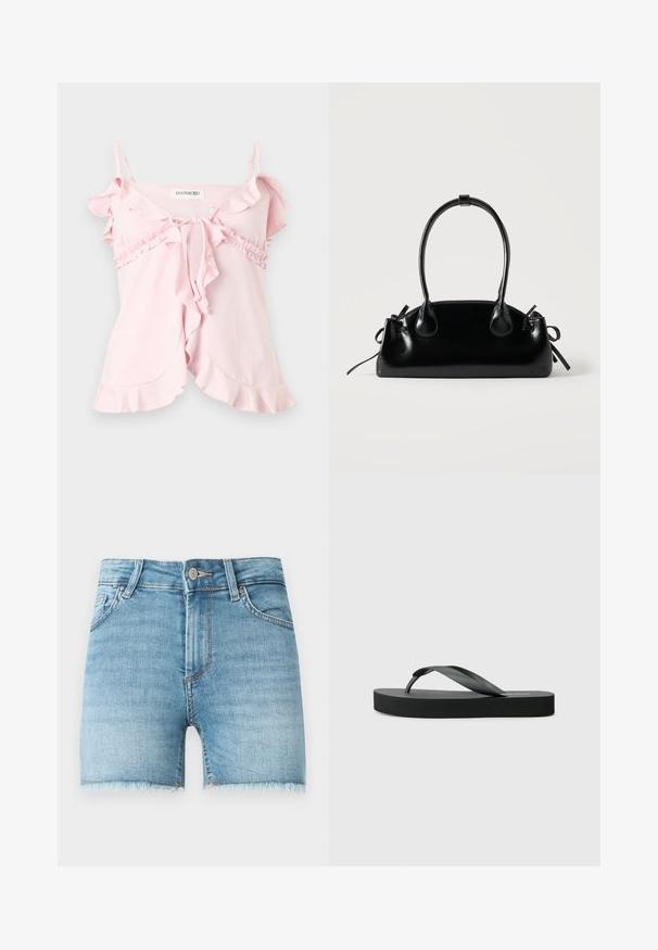 Lyserød ærmeløs top med flæsekanter, justerbare tynde stropper, bindelukning foran og rynkede detaljer under brystet.; Lette blå denimshorts med rå kant, fem lommer og lukning med knap foran. Har let falmede områder og en klassisk snit.; Sort flip-flop med flad gummisål og tyndt remdesign. Den øverste rem er let buet, hvilket giver et minimalistisk udseende.; Lille sort blank håndtaske med to lange håndtag og snøre-detaljer i siden på en ensfarvet lys baggrund.