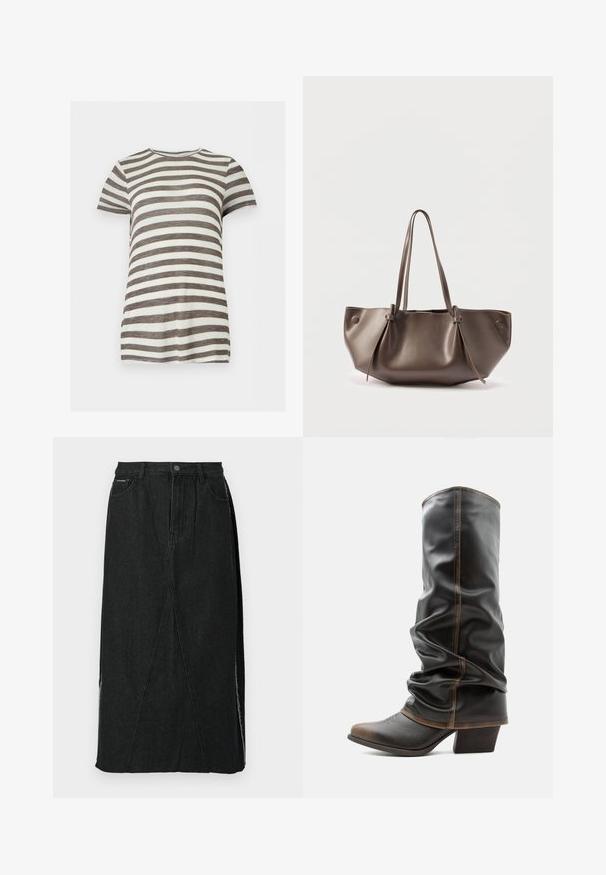 T-shirt manches courtes col rond avec des rayures horizontales marron et blanches, présenté sur un fond clair uni.; Jupe en denim noire avec une taille haute, coupe droite et coutures angulaires uniques. Présente des fentes latérales et une fermeture à bouton à la taille.; Botte haute en cuir noir décontractée avec des accents marron, bout pointu et talon empilé sur fond blanc uni.; Sac fourre-tout en cuir marron avec des anses longues et des détails noués sur un fond clair uni.