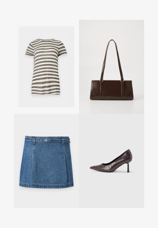 T-shirt manches courtes col rond avec des rayures horizontales marron et blanches, présenté sur un fond clair uni.; Mini-jupe en denim bleu avec ourlet cousu et fine ceinture assortie avec boucle argentée, posée à plat sur un fond clair.; Escarpins à bout pointu en similicuir marron avec une texture crocodile, dotés d’un talon fin et angulaire ainsi que d’une doublure intérieure lisse.; Sac à main en cuir verni marron de forme rectangulaire, avec deux longues poignées et des accents courbés subtils à l'avant.