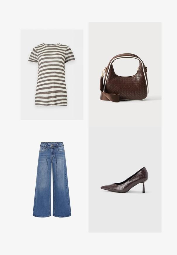 Kortærmet T-shirt med rund hals med horisontale brune og hvide striber, vist mod en ensartet lys baggrund.; My Essential Wardrobe MWKARO 144 MID XWIDE - Wide leg - medium blue wash; Brune kunstlæder stiletter med spidse tæer og krokodilletekstur, der har en slank, vinklet hæl og en glat inderside.; Brun vævet læderhåndtaske med hvid piping, guldfarvet lynlås og aftagelig brun stofskulderrem.