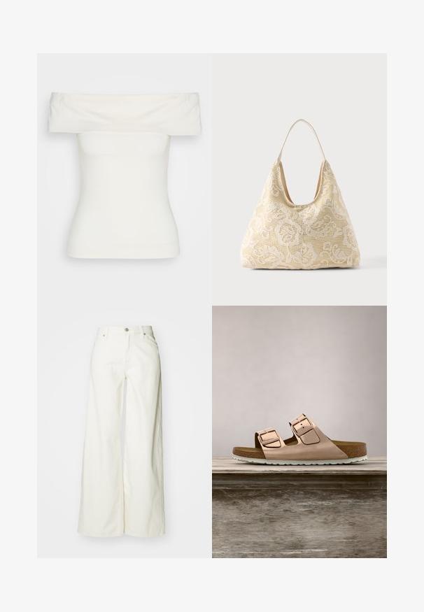 Biela off-shoulder blúzka vyrobená z elastického materiálu, priliehajúci strih, hladká textúra s širokým výstrihom a krátkymi rukávmi. Bez vzorov alebo dekorácií.; Biele nohavice s širokými nohavicami vyrobené z denimu. Majú vysoký pás, predné zapínanie na gombík a klasický dizajn s piatimi vreckami. Hladká textúra, bez vzorov.; Ružovo-zlaté šľapky s dvoma nastaviteľnými kovovými prackami, korkovým stielka a bielou gumovou podrážkou. Hladký kovový povrch, otvorený dizajn na prstoch.; Krémová látková taška s bielym kvetinovým háčkovaným vzorom a jedným tenkým ramenným popruhom na jednofarebnom pozadí.