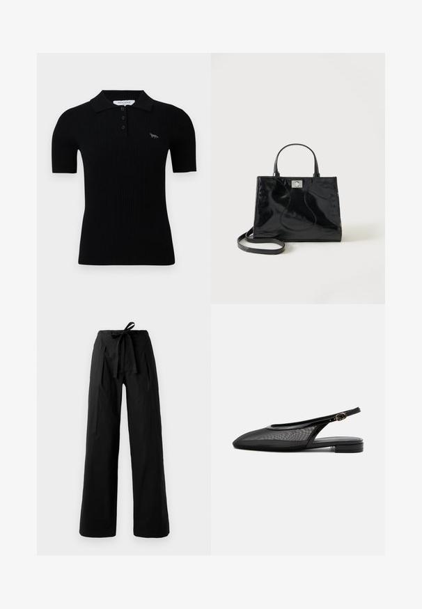 Zwarte geribbelde poloshirt met een klassieke kraag, drie knopen en een klein geborduurd ontwerp op de linkerborst.; Zwarte wijde broek met een hoge elastische tailleband, voorzien van een strikgordel en een gladde textuur. Tailored ontwerp met scherpe plooien.; Zwarte slingback platte schoen met puntige neus, mesh bovenwerk, verstelbare gespsluiting en lage gestapelde hak op witte achtergrond.; Zwarte handtas van lakleer met afgeronde handgrepen, een afneembare schouderriem en zilveren sluiting op een effen witte achtergrond.