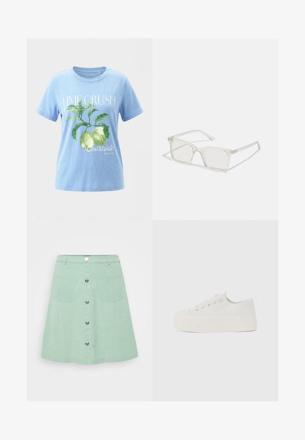 Hellblaues T-Shirt mit grünem Grafikdruck von Limetten und Blättern, Text "LIME CRUSH" und kleinerem Schriftzug über Limetten und den Courtside Fruit Club.; Mintgrüner Jeansrock mit Knopfverschluss, zwei Vorderaschen und ausgestelltem Design. Strukturierter Stoff mit sichtbaren Nähdetails.; Canvas-Sneaker in Creme mit flachen Schnürsenkeln, runder Zehenpartie und einer dicken, gerippten Plattformsohle für zusätzlichen Komfort und Höhe.; Klare, quadratische Kunststoffbrillen mit durchsichtigen Gläsern, die goldene Akzente an den Bügeln für zusätzliche Details aufweisen.