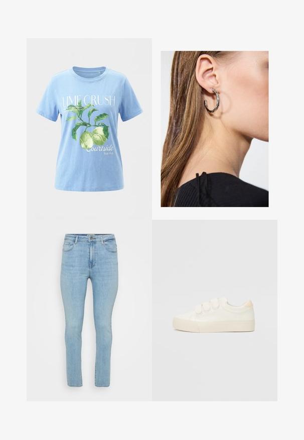 Lyseblå t-shirt med grønt mønster af limefrugter og blade, teksten "LIME CRUSH" og mindre tekst om limefrugter og courtside fruit club.; Lyseblå denimjeans med slim fit, der har fem lommer, bæltestropper og en standard lynlås med knaplukning.; Hvide sneakers med en glat læderlignende overdel, tre velcrostropper, rund tå og en tekstureret gummisål. Bagakcent i beige.; Sølv hoop ørestik med en poleret overflade, prydet med små guld accenter og en rund form, båret på øreflippen.
