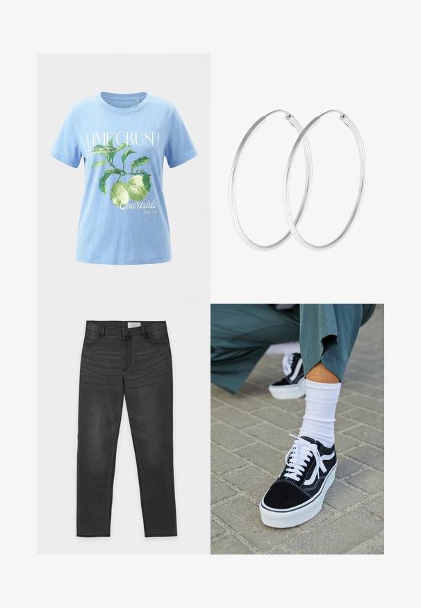 Lyseblå t-shirt med grønt mønster af limefrugter og blade, teksten "LIME CRUSH" og mindre tekst om limefrugter og courtside fruit club.; Sort denim med lige ben, knap- og lynlåslukning, for- og baglommer samt diskret falming på lårene, lagt fladt på en hvid baggrund.; Sorte ruskinds sneakers med hvide accenter og snørebånd, der har en tyk hvid sål og kontrasterende syninger, parret med en hvid sok.; Sølvfarvede hoop øreringe med en glat, rund form og en poleret overflade. Begge øreringe er i samme størrelse og har en sikker lukke mekanisme.