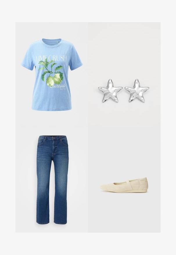Camiseta azul claro con gráfico de limas verdes y hojas, texto "LIME CRUSH" y texto más pequeño sobre limas y el club de frutas en la cancha.; Jeans de mezclilla azul oscuro con un diseño de pierna recta, estilo de cinco bolsillos y cierre de botón y cremallera. Textura suave con un desvanecimiento mínimo.; Bailarinas beige con un exterior de cuero liso, punta en forma de almendra y una correa elástica en el empeine, con detalles de costura sutiles.; Pendientes en forma de estrella plateada con una superficie pulida y brillante. Cada pendiente presenta cinco puntas y sutiles detalles de textura en la superficie.