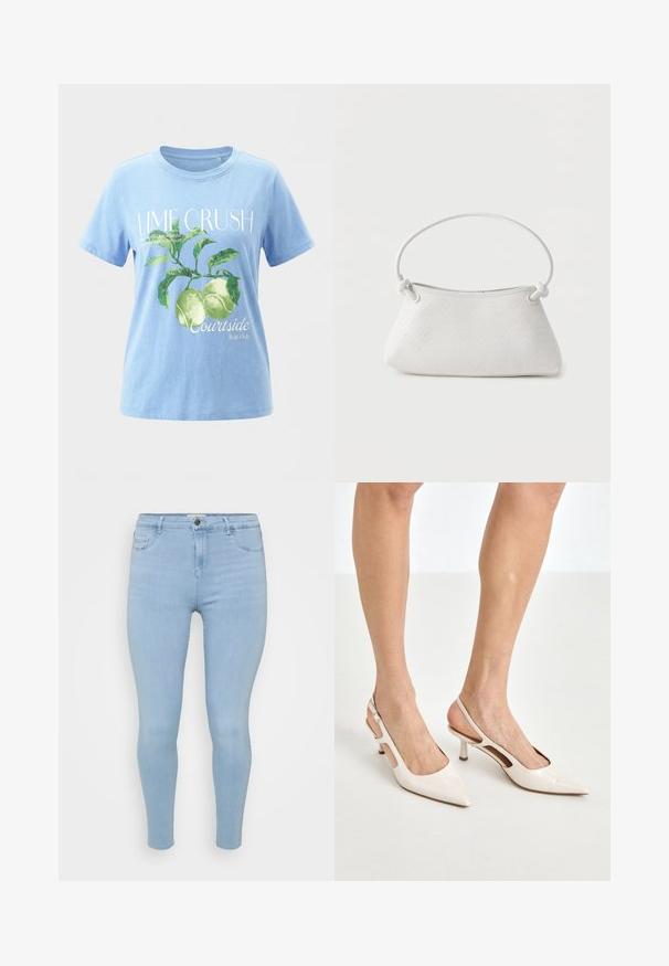 Lyseblå t-shirt med grønt mønster af limefrugter og blade, teksten "LIME CRUSH" og mindre tekst om limefrugter og courtside fruit club.; Lysblå skinny jeans lavet af denim, med knaplukning, fem lommer og en glat, let falmet tekstur.; Beige patenterede læder slingback hæle med spids tå og 5 cm hæl, med udskårne sider og en tynd ankelrem.; Hvid fletlæderhåndtaske med afrundet håndtag og ender på remmen, der er knyttet, vist mod en ensfarvet baggrund.