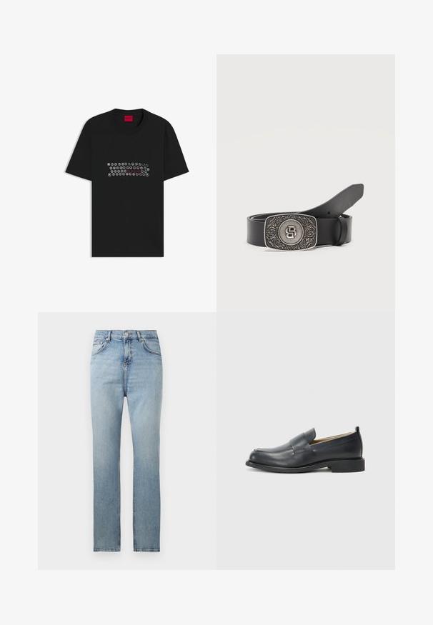 T-shirt en coton noir avec un motif de touches de clavier en blanc et rouge. Conception classique à col rond avec manches courtes.; Jean droit taille haute bleu clair avec fermeture à boutons et fermeture éclair à l'avant, passants de ceinture et design à cinq poches.; Mocassins en cuir noir avec une finition lisse, une semelle plate et un bout arrondi, ornés d'une sangle décorative sur le dessus.; Ceinture en cuir noir avec une boucle rectangulaire en argent ornée de motifs floraux gravés et d'un logo central stylisé en forme de "B".