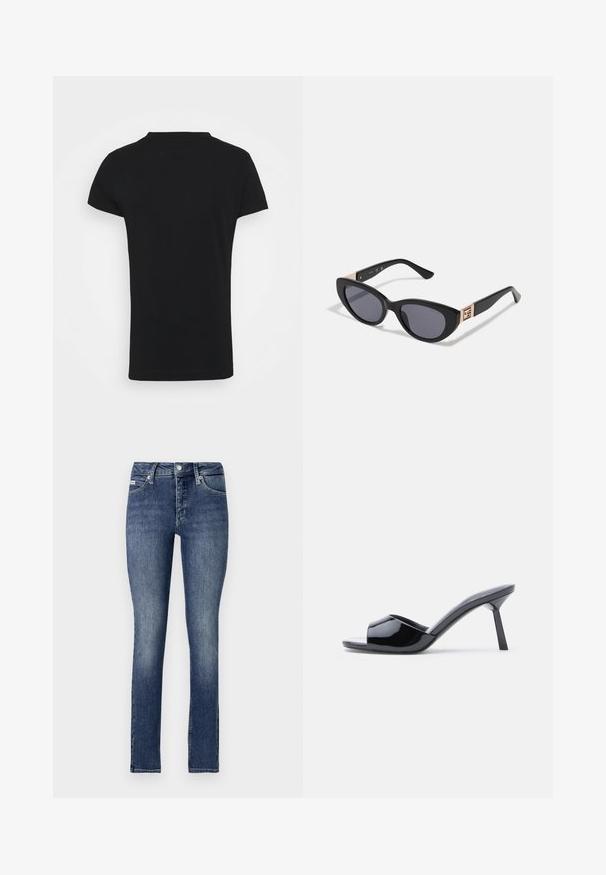 Guess MINI TRIANGLE - Camiseta básica - jet black; Jeans ajustados en denim de lavado oscuro, con una cintura de altura media, cinco bolsillos, costuras visibles y cierre de botón en la cintura.; Sandalias de tacón con punta abierta de charol negro, con un diseño superior curvado y tacón de aguja cónico. Acabado liso y brillante.; Guess Gafas de sol - shiny black