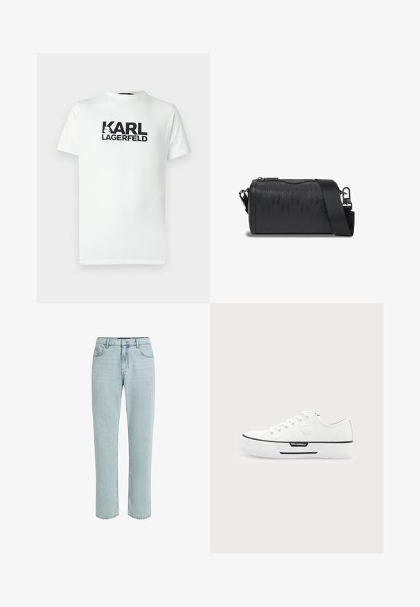 Biele bavlnené tričko s veľkým čiernym grafickým potlačou s nápisom "KARL LAGERFELD." Okrúhly výstrih a krátke rukávy. Hladká textúra.; KARL LAGERFELD DISNEY STRAIGHT-FIT - Džínsy s rovným strihom - light blue denim; Biela nízka teniska s hrubou podrážkou, so šnurovaním vpredu, čiernym pásikovým detailom a logom Karl Lagerfeld na boku a na pätke.; Čierna valcová crossbody kabelka s reliéfnym geometrickým vzorom a širokým nastaviteľným ramenným popruhom na bielom pozadí.