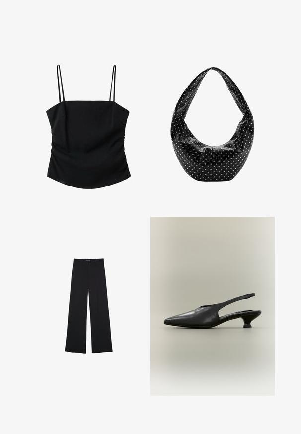 Haut noir sans manches pour femme avec fines bretelles spaghetti et encolure droite, présentant une silhouette légèrement froncée et ajustée.; Pantalons larges noirs en tissu lisse. Présentent une coupe classique, des poches avant et une taille avec un bouton de fermeture.; Chaussure à bride arrière en cuir noir avec bout pointu et petit talon bas sur fond neutre.; Sac à main en cuir noir à la forme souple, orné de clous en argent et doté d'une large bandoulière. Texture lisse avec un design froncé.