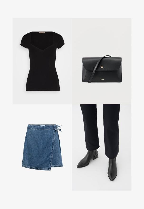 Sort ribbet kortærmet top med en dyb firkantet udskæring og tætsiddende silhuet. Har en glat tekstur og minimale designdetaljer.; Blå denim omslagsnederdel med bindebånd i siden og synlige syninger på hvid baggrund.; Sorte læder ankelstøvler med spids tå, blokhæl og teksturerede sidepaneler, båret med mørke bukser mod en hvid baggrund.; Sort læder Furla crossbody-taske med klap, guldknaplukning og lang rem på hvid baggrund.