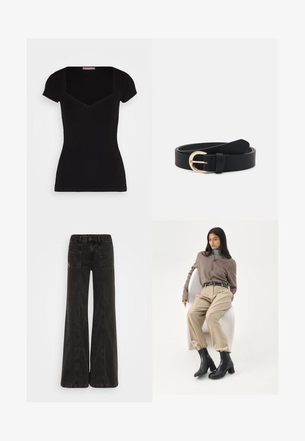 Top noir à manches courtes côtelé avec un décolleté carré profond et une silhouette ajustée. Présente une texture lisse et des détails de design minimalistes.; Jeans noirs à jambe large en denim, avec une taille haute, des poches avant et des coutures ton sur ton le long des coutures.; Femme aux longs cheveux noirs appuyée sur une chaise blanche courbée, portant un chemisier taupe, un pantalon beige, une ceinture noire et des bottines noires à talons.; Ceinture en cuir noir avec une boucle en métal doré, texture plate et un seul support ; présente une finition lisse et un design minimaliste.