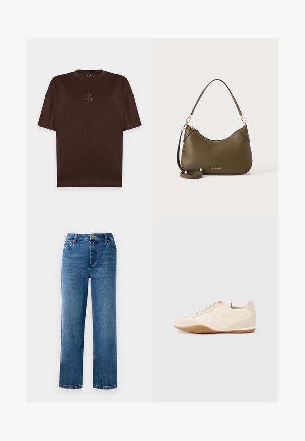 Dunkelbraunes T-Shirt mit kurzen Ärmeln, Rundhalsausschnitt und kleinem geprägtem A|X Armani Exchange Logo mittig auf der Brust.; Blaue hochgeschnittene Jeans mit geradem Bein, aus Denim, mit fünf Taschen und goldfarbenen Hardware-Details.; Hellbeige Sneaker mit strukturiertem Lederupper, strukturierten seitlichen Einsätzen und einer Gummisohle. Verfügt über ein schlankes, stromlinienförmiges Design und flache Schnürsenkel.; Olivgrüne Ledertasche mit kurzen und langen Trägern, goldener Hardware und Michael Kors Logo in Gold nahe dem Boden auf einfachem Hintergrund.