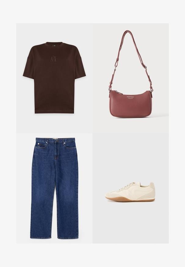 T-shirt marron foncé à manches courtes avec col rond et petit logo en relief A|X Armani Exchange centré sur la poitrine.; Jean en denim bleu foncé avec une taille haute, une coupe droite, cinq poches et des détails en métal argenté. Présente un léger délavage et des coutures brodées.; Baskets beige clair avec une tige en cuir texturé, des panneaux latéraux texturés et une semelle en caoutchouc. Dotées d'un design fin et épuré ainsi que de lacets plats.; Petit sac à bandoulière en cuir mauve texturé avec sangle réglable et fermeture éclair argentée, arborant le logo Emporio Armani Milano 1981 sur le devant.