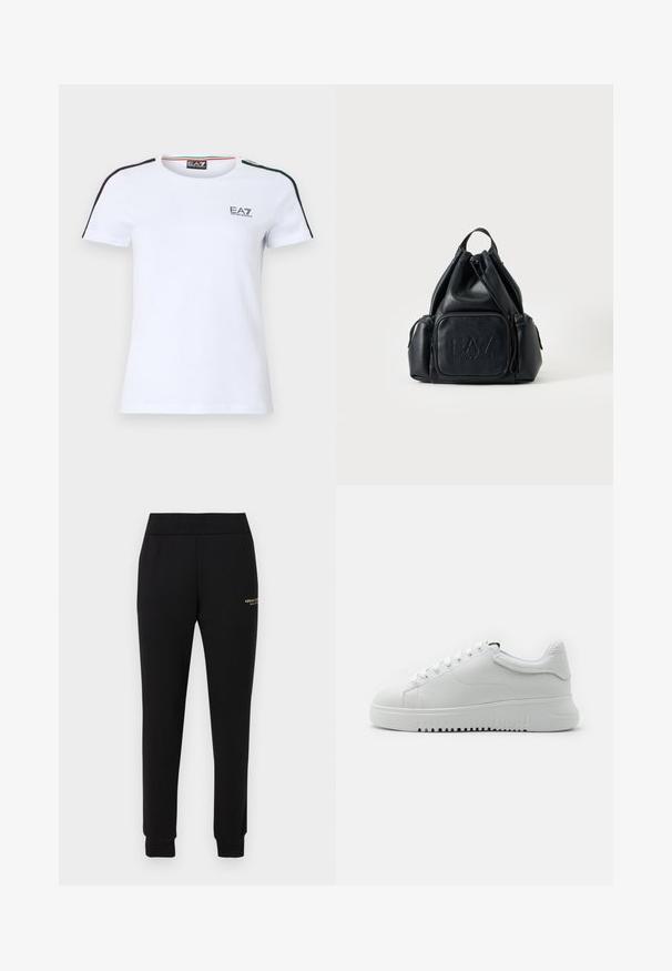 Wit katoenen T-shirt met korte mouwen, voorzien van contrasterende zwarte en groene strepen op de schouders en een klein EA7-logo op de borst.; Zwarte taps toelopende sweatpants met een elastische tailleband en boorden, voorzien van een klein gouden "Armani Exchange" logo op de rechterdij.; Witte sneakers met een bovenwerk van gemarmerd leer, ronde neus en vetersluiting. Dikke witte rubberen zool met een gemarmerd grippatroon.; Zwarte leren rugzak met trekkoord, met voor- en zijvakken met rits, met geperst "EA7 Emporio Armani" logo op het voorvak.