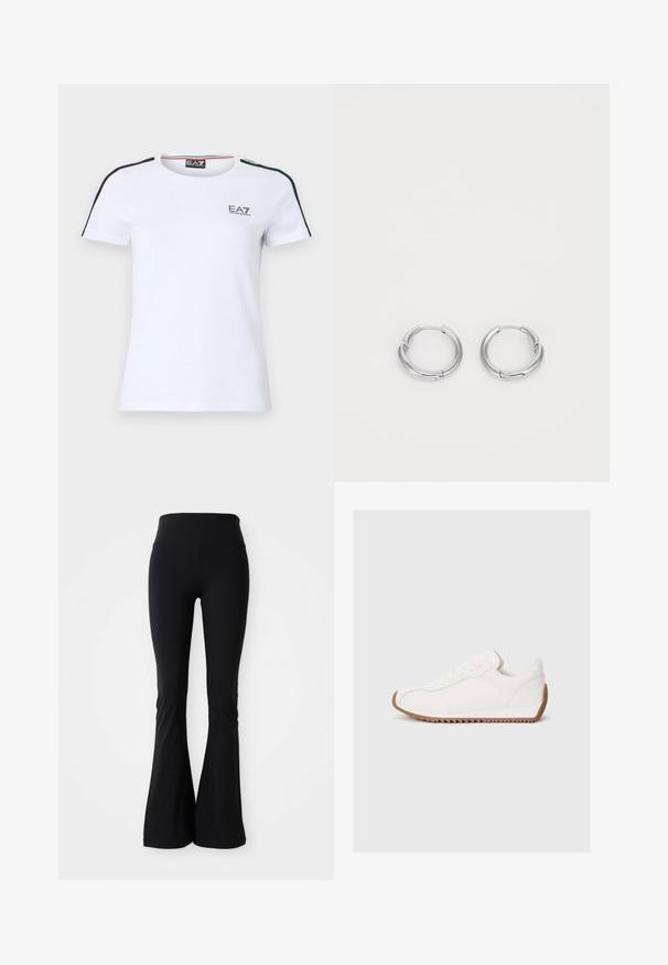 T-shirt en coton blanc à manches courtes, avec des rayures contrastantes noires et vertes sur les épaules et un petit logo EA7 sur la poitrine.; Leggings évasés noirs fabriqués en matériau extensible, dotés d'une taille haute et d'une texture lisse. Aucun motif ou quincaillerie visible.; Baskets blanches avec tige en cuir lisse, semelle en caoutchouc texturée, bout rond et détails de couture subtils. Semelle extérieure en caoutchouc marron contrastante.; Boucles d'oreilles en argent en forme de rond, avec une finition lisse et polie. Éléments circulaires avec un petit fermoir pour la fermeture. Design minimaliste, léger.