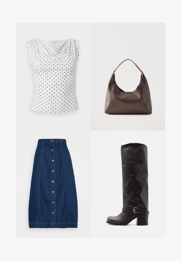 Valkoinen hihaton pusero mustilla pilkuilla ja laskeutuva pääntiellä, esitetty yksivärisen vaalean taustan päällä.; ONLY Tall A-line ONLKLARA A-line Long - A-linjainen hame - medium blue denim; Tummanruskea nahkainen polven korkuinen saapas, jossa pyöreä kärki, matala lohkokorko ja koristeellinen hihna hopeisella soljella nilkan lähellä.; Ruskea kudottu nahkainen olkalaukku, jossa on leveä yksittäinen olkahihna ja löysä, puolikuun muotoinen runko.