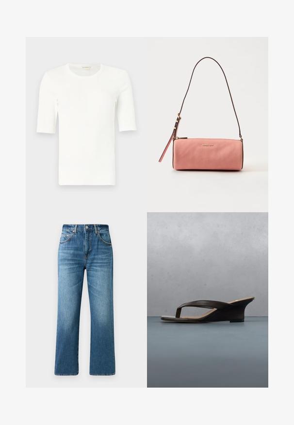 Weißes, kurzärmeliges, geripptes Strick-T-Shirt mit Rundhalsausschnitt, präsentiert vor einem hellgrauen Hintergrund.; Hellblaue Jeans aus Denim mit geradem Bein, Fünf-Taschen-Stil und subtilen Ausbleichungen. Mit klassischem Knopfverschluss und Akzenten in der Nähte.; Schwarze Keilsandale mit Zehenstegriemen, platziert auf einem Holzbrett und steinigem Boden im Freien, in der Nähe von grünen Pflanzen und einer Betonwand.; Pink strukturierte Leder-Schultertasche mit goldfarbenem Reißverschluss und verstellbarem Riemen, mit kleinem goldfarbenem „Michael Kors“-Logo auf der Vorderseite.