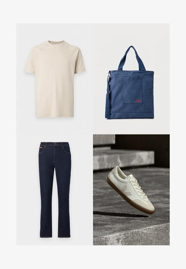 Beiges Kurzarm-T-Shirt mit Rundhalsausschnitt und Raglanärmeln, schlicht und aus glattem Stoff gefertigt.; Dunkelblaue Jeans mit geradem Bein, vorderem Knopf und Reißverschluss, Taschen vorne und hinten sowie braunen Nähten.; Weiße Leder-Sneaker mit beige-gummiartiger Sohle, flachen Schnürsenkeln und V-förmigem Akzent an der Seite. Verfügt über eine glatte Oberfläche und minimale Nahtdetails.; Blauer Canvas-Einkaufstasche mit Vordertasche und roter "O.N.S" Stickerei, ausgestattet mit zwei Griffen und einem verstellbaren Schulterriemen.