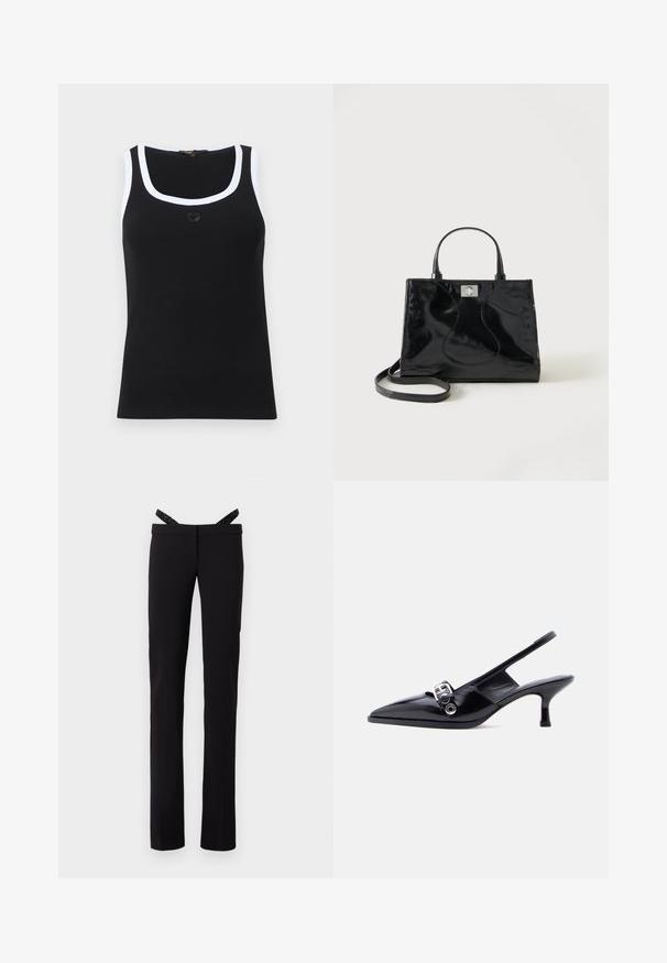 Schwarzes, geripptes Tanktop mit weißem Besatz am Ausschnitt und an den Armöffnungen, mit einem kleinen, gestickten Herzdesign in der Mitte der Brust.; Schwarze gerade geschnittene Hose mit slim Fit und glitzernden schwarzen Hosenträgern, die an dem Bund befestigt sind, vor einem weißen Hintergrund.; Schwarzer Slingback-Pumps aus Lackleder mit kleinem Absatz, spitzer Zehenpartie und silberner Schnallendetail, auf einfachem weißem Hintergrund.; Schwarze Handtasche aus Lackleder mit abgerundeten Griffen, abnehmbarem Schulterriemen und silberner Verschlussklammer auf einfachem weißem Hintergrund.