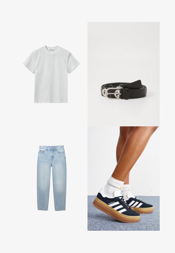 Hvid bomulds T-shirt med rund halsudskæring og korte ærmer. Simpelt design med minimalistisk branding på fronten. Blød tekstur.; Lyseblå jeans med høj talje og lige ben med forreste knap, lynlås lukning, bæltestropper og fem-lomme-design på hvid baggrund.; Ben iført hvide sokker og sorte Adidas Gazelle sneakers med hvide striber og tykke brune såler på et gråt tæppe.; Sort læderbælte med en sølvspænde, der har cirkulære detaljer, flad rem og en glat tekstur. Enden af remmen er tilspidset.