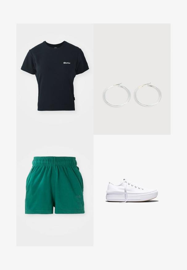 Schwarzes Baumwoll-T-Shirt mit kurzen Ärmeln, Rundhalsausschnitt und kleinem weißen gesticktem Logo auf der Brust. Klassisches, tailliertes Design.; Grüne lässige Shorts mit elastischem Bund, Seitentaschen und dezentem Logo am rechten Oberschenkel.; Weißer Canvas-Sneaker mit niedrigem Schnitt, dicker Plateau-Sohle, vorderer Schnürung und rauer Gummikappe an der Spitze, aus seitlicher Ansicht gezeigt.; Paar glänzende silberne Creolen mit dünnen Drahtverschlüssen, dargestellt vor einem hellgrauen Hintergrund.
