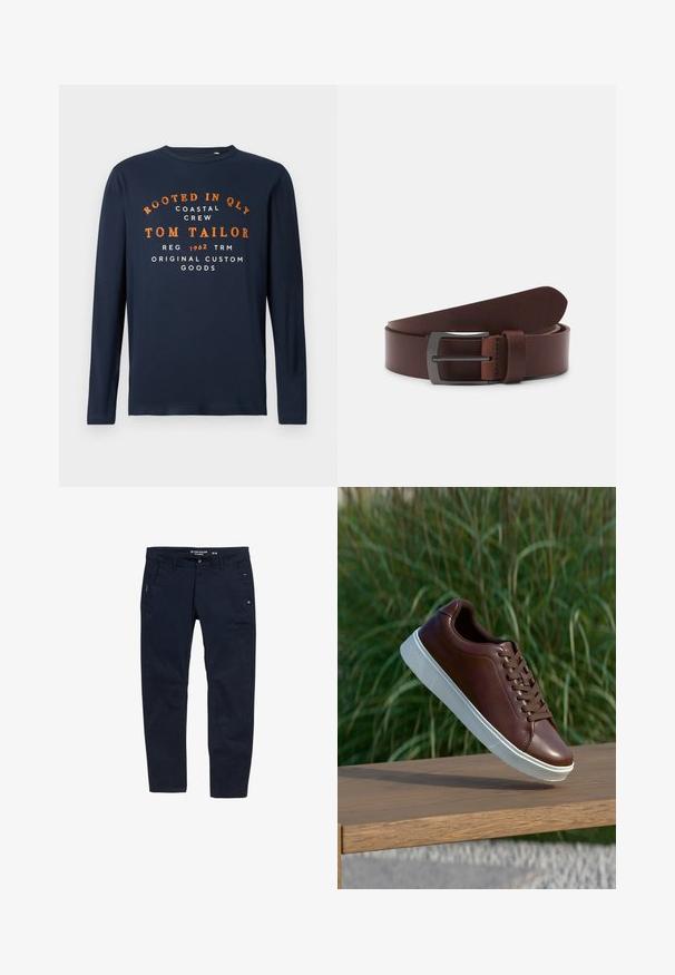 Marineblå langærmet t-shirt med rund hals og orange og hvid tekst: "ROOTED IN QLY COASTAL CREW TOM TAILOR 1962 ORIGINAL CUSTOM GOODS."; Mørkeblå bukser lavet af bomuld med lige snit. Har to sidelommer og knaplukning. Minimalistisk design med subtile detaljer.; Brune lædersneakers med hvid gummisål, snørebåndsdesign, glat tekstur, afrundet tå og diskrete syninger.; Brun læderbælte med en glat tekstur, der har en buet spids og en rektangulær metalspænde i en mørk finish.