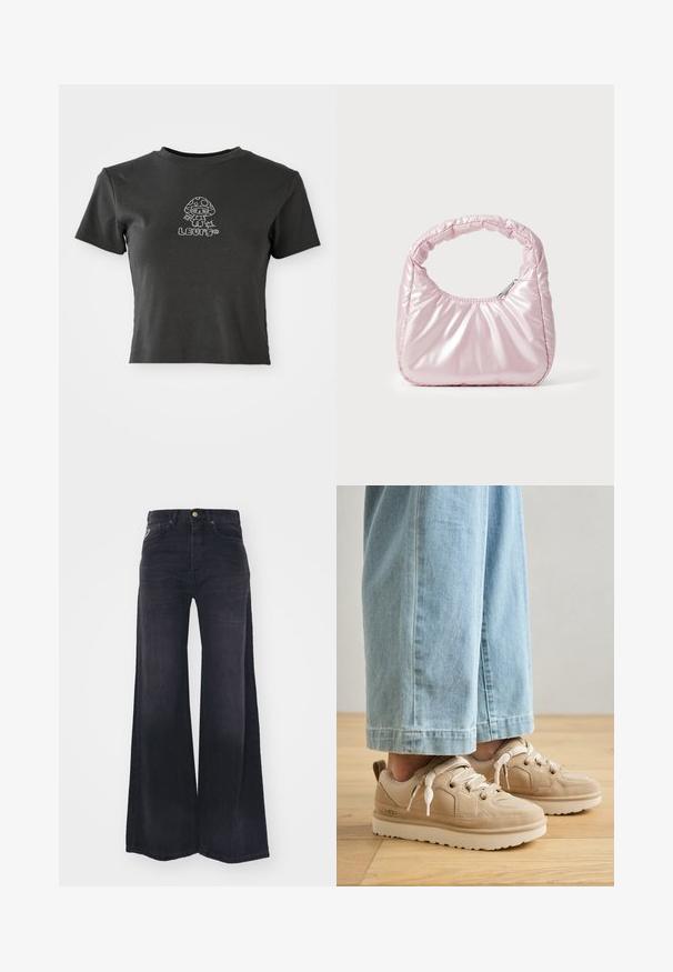 T-shirt noir court à manches courtes avec un champignon en cartoon orné de strass et le mot "LLUMO" en dessous.; Jean noir taille haute à jambes larges, avec bouton et fermeture éclair à l'avant, et style cinq poches.; Baskets en suède beige avec tissu texturé, bout rond et semelle blanche épaisse. Présentent des lacets élastiques et une languette au talon.; Sac à main rose rembourré avec un design arrondi, fabriqué à partir d'un matériau brillant. Dispose d'une poignée froncée et d'une fermeture éclair pour un accès sécurisé.