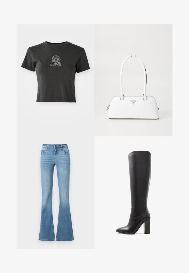 T-shirt noir court à manches courtes avec un champignon en cartoon orné de strass et le mot "LLUMO" en dessous.; Jean en denim bleu clair taille haute avec cinq poches et jambes évasées, fermeture devant par boutons et zip, détails subtils de délavage.; ALDO PILLOW WALK PULL ON GLAJAR - Bottes à talons hauts - black; Sac à main en cuir blanc avec une forme courbée, présentant un logo triangulaire argenté et une fermeture à glissière. Texture lisse et doubles poignées.