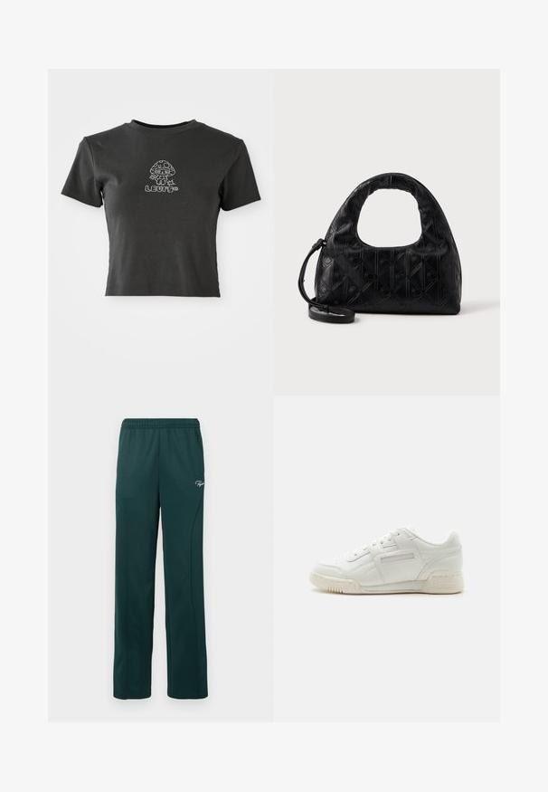 Zwarte cropped t-shirt met korte mouwen, versierd met een met strass steentjes bedekte cartoon paddenstoel en het woord "LLUMO" eronder.; Donkergroene sweatpants van zacht materiaal, met een elastische tailleband en zijnaadseams, en een klein logo op de voorkant.; Witte low-top Reebok sneaker met leren bovenwerk, vetersluiting en gestructureerde rubberen zool, gezien van opzij tegen een effen achtergrond.; Zwarte leren handtas met een gebogen bovenhandvat, subtiel diamantenpatroon en een afneembare schouderband. De textuur is glad met geperste details.