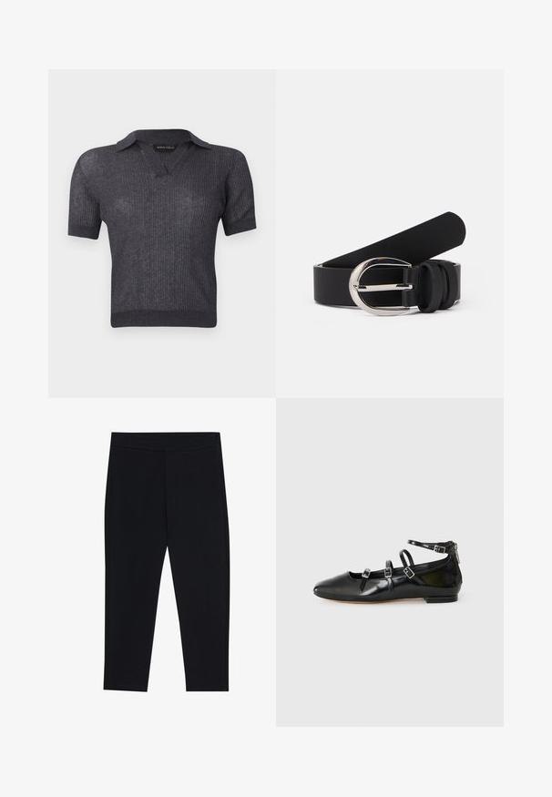 Top corto de punto acanalado de manga corta en gris oscuro con cuello en V y dobladillo ajustado, etiquetado Anna Field.; Leggins negros hechos de una tela elástica, con una cinturilla elástica y una textura suave. Sin patrones visibles ni detalles de hardware.; ALDO NELTA - Bailarinas - black; Cinturón de cuero negro con una textura suave, con una hebilla metálica en tono plateado y acentos de bucle simples. El diseño es elegante y minimalista.