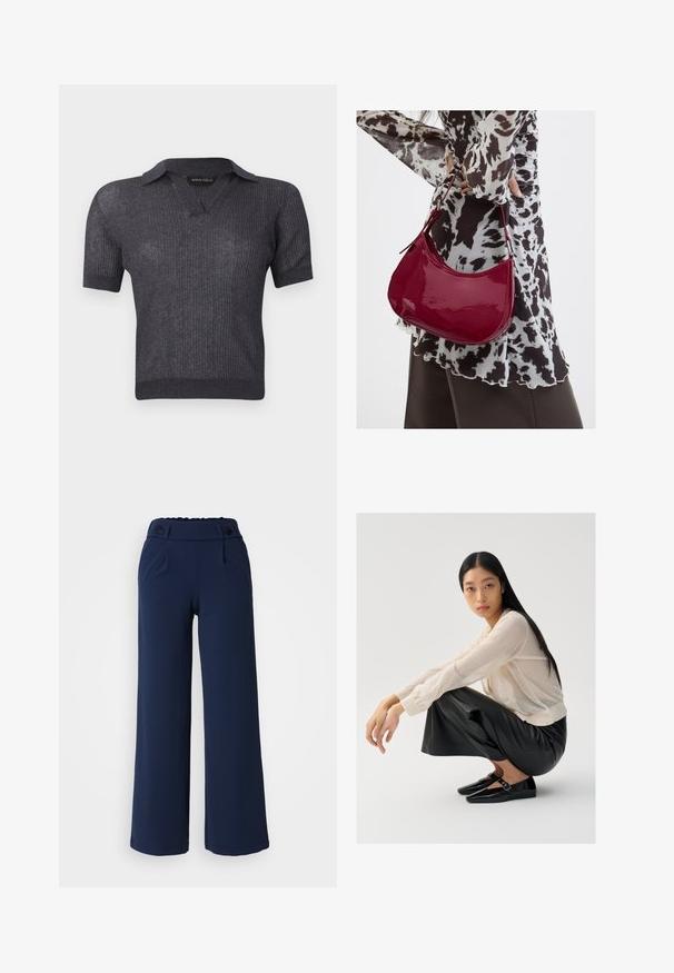 Donkergrijs geribd gebreid damesshirt met korte mouwen, een V-hals en een aansluitende zoom, met label Anna Field.; Navy wijde pijpenbroeken van zachte stof; met platte voorkant, twee zijzakken en dubbele knoopsluiting in de taille.; Lichtbeige sheer sweater met pofmouwen, gecombineerd met zwarte leren wijde broek en glanzende zwarte schoenen met een banddetail.; Vrouw met een zwart-wit gebloemde blouse houdt een glanzende rode schoudertas vast tegen een effen achtergrond.