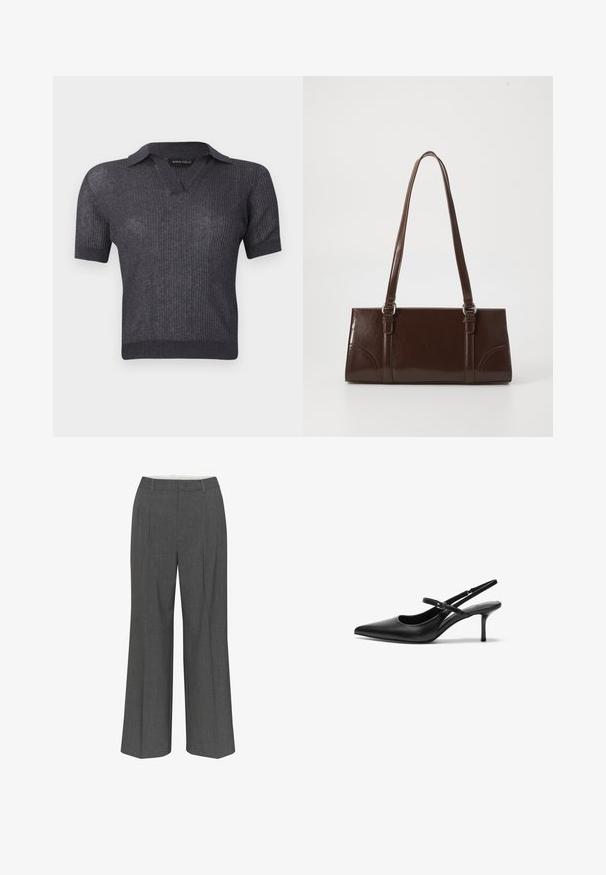 Haut court à manches courtes en maille côtelée gris foncé avec un col en V et un ourlet ajusté, étiquette Anna Field.; Pantalons gris à jambes larges en tissu texturé, avec un design à pli avant et une silhouette droite avec une taille régulière.; Talons aiguilles noires en cuir avec un bout pointu, une fine bride réglable, et un talon aiguille d'environ 5 cm, texture lisse.; Sac à main en cuir verni marron de forme rectangulaire, avec deux longues poignées et des accents courbés subtils à l'avant.